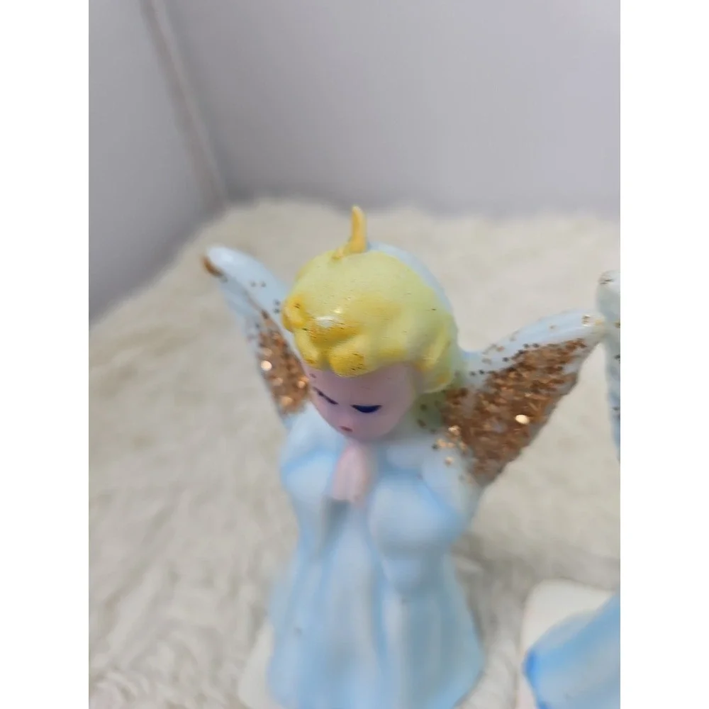 Vintage Pair of 2 Praying Angels Glitter Christmas Holiday Candle‎ 5